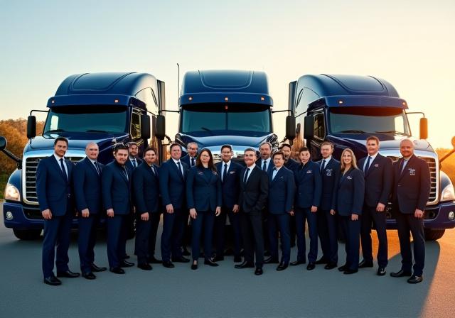 TJC Trucking professional team standing in front of heavy-duty trucks
