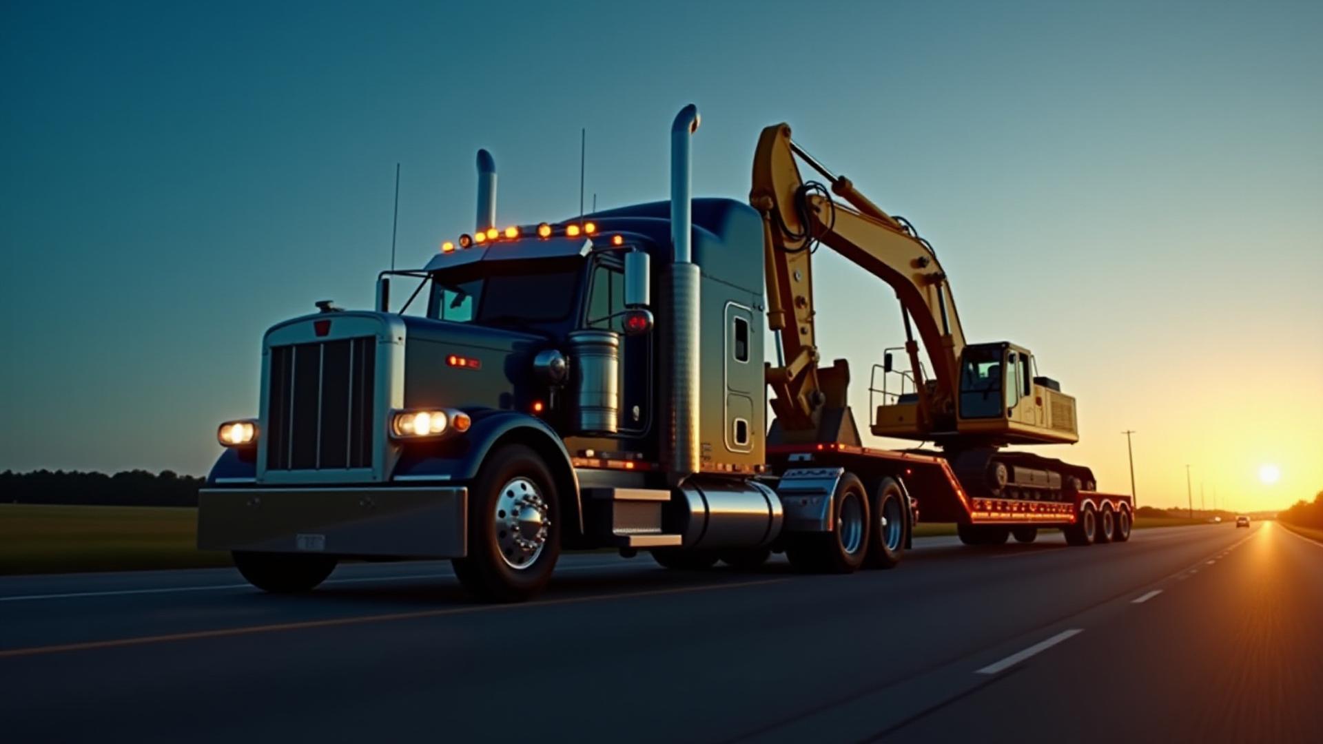 TJC Trucking specialized heavy haul truck transporting a massive industrial excavator across Virginia
